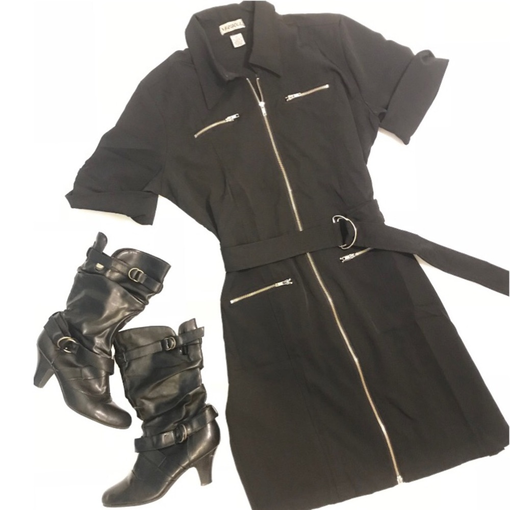 Black zip up dress with belt and pockets